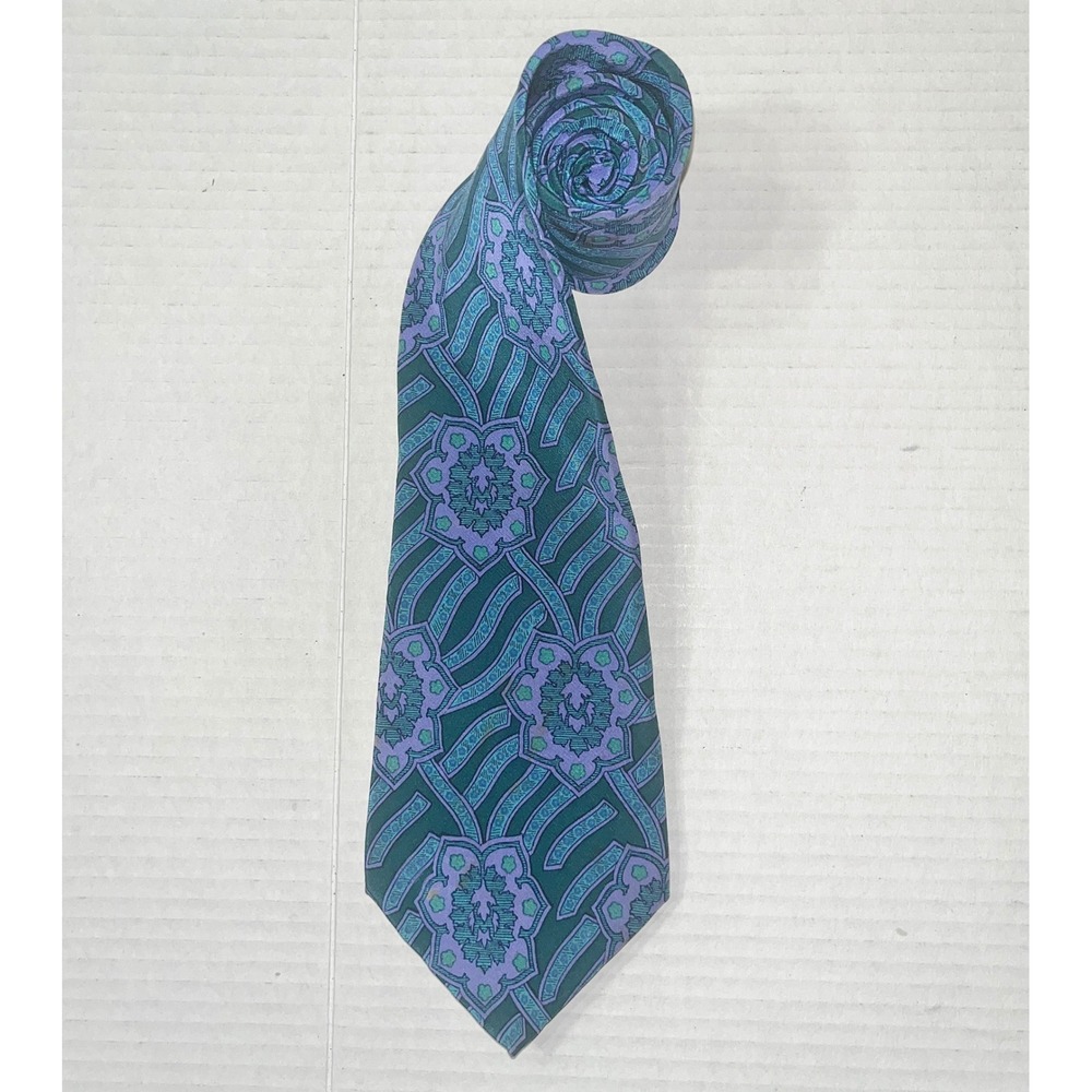 Nino Cerruti Tie Mens Silk Crepe Teal Purple Geometric Floral Medallion USA Made